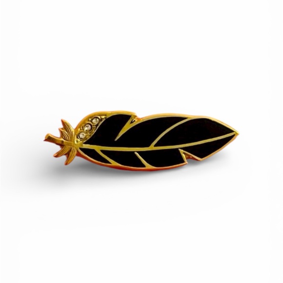Elegant Vintage Black and Gold Feather Brooch - Picture 1 of 5
